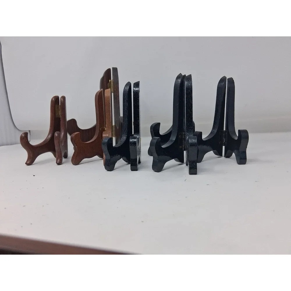 Hinged Easel Plate Holders Wooden Folding Set of 7 Black/brown. Q